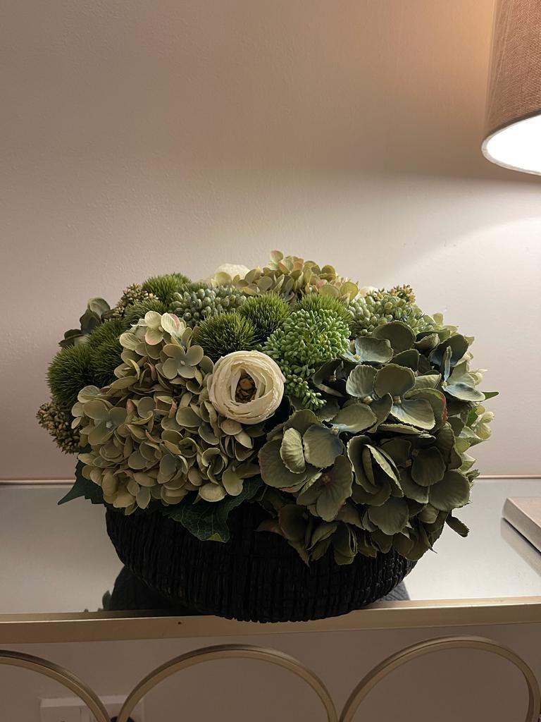 Green Hydrangeas in black bowl