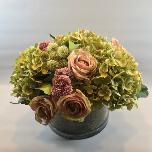 Hydrangea arrangement in small cylinder Tank