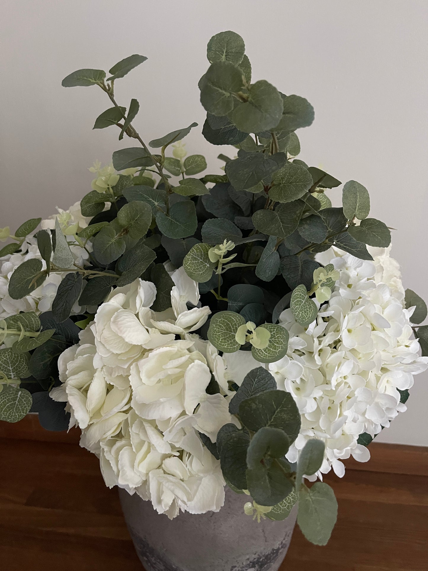 Large bunch mixed white hydrangeas with eucalyptus