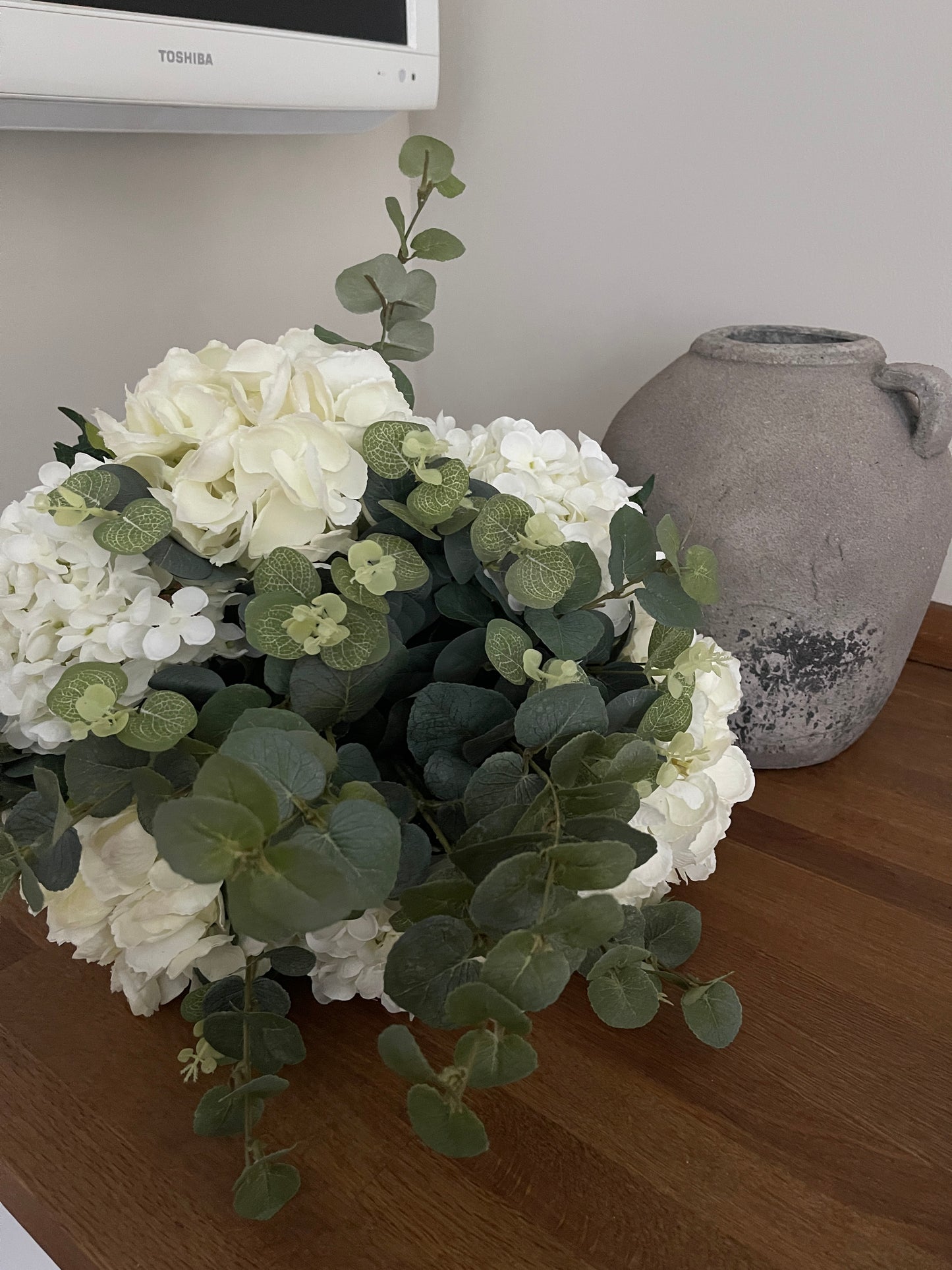 Large bunch mixed white hydrangeas with eucalyptus